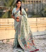 Sea green soft silk baluchari zari meena weaving saree with matching blouse piece