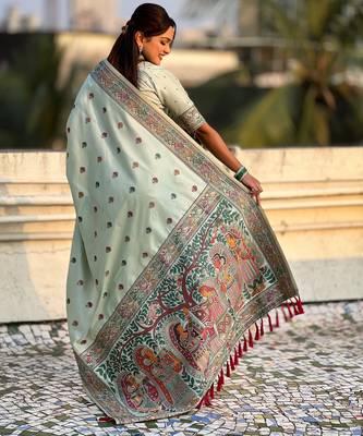 Sea green soft silk baluchari zari meena weaving saree with matching blouse piece 2
