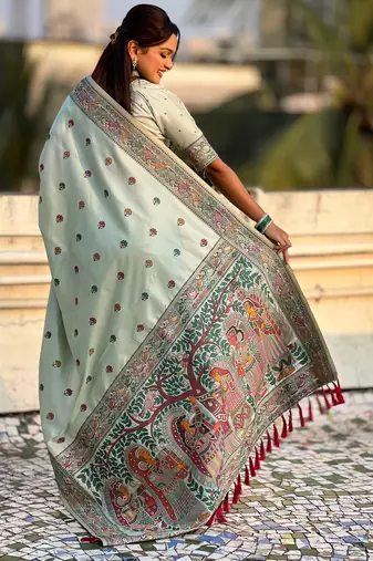 Sea green soft silk baluchari zari meena weaving saree with matching blouse piece