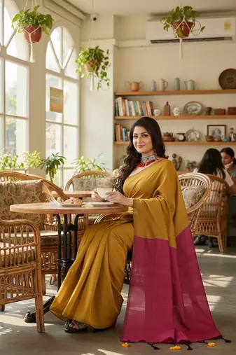 Mustered & Pink fancy cotton handloom saree with blouse piece for women