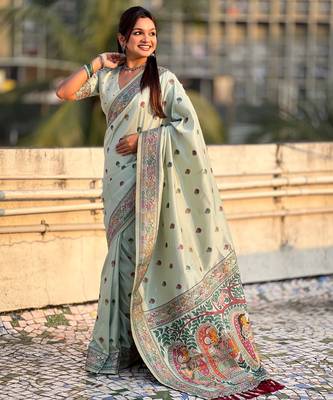 Sea green soft silk baluchari zari meena weaving saree with matching blouse piece 3