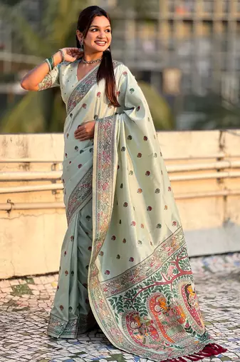 Sea green soft silk baluchari zari meena weaving saree with matching blouse piece