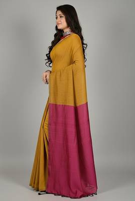 Mustered & Pink fancy cotton handloom saree with blouse piece for women 4