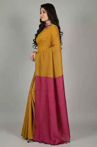 Mustered & Pink fancy cotton handloom saree with blouse piece for women