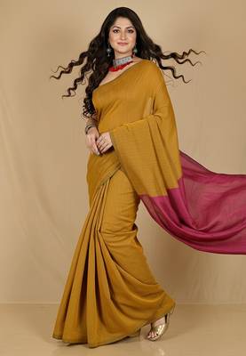 Mustered & Pink fancy cotton handloom saree with blouse piece for women 5