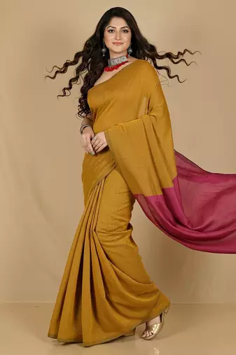 Mustered & Pink fancy cotton handloom saree with blouse piece for women