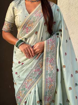 Sea green soft silk baluchari zari meena weaving saree with matching blouse piece 4