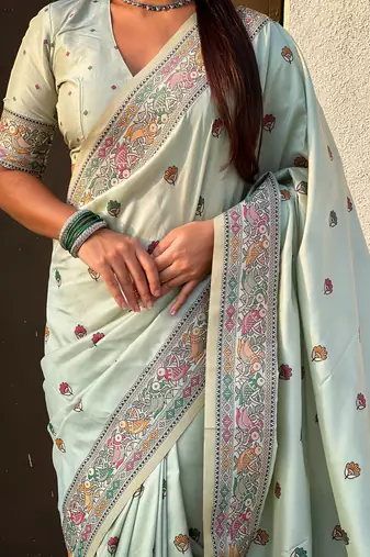Sea green soft silk baluchari zari meena weaving saree with matching blouse piece