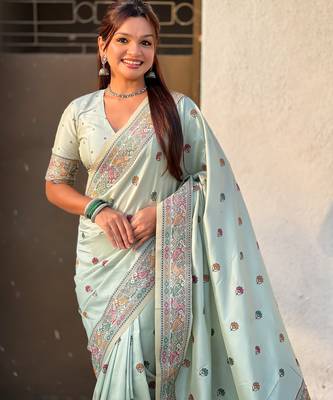 Sea green soft silk baluchari zari meena weaving saree with matching blouse piece 5