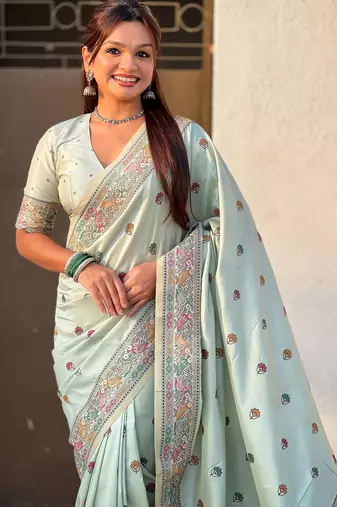 Sea green soft silk baluchari zari meena weaving saree with matching blouse piece