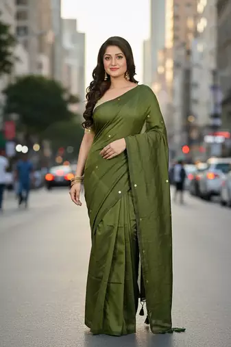 Green fancy cotton handloom saree with blouse piece for women