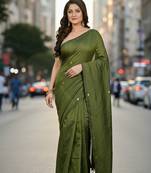 Green fancy cotton handloom saree with blouse piece for women