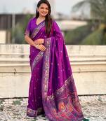 Purple soft silk baluchari zari meena weaving saree with matching blouse piece