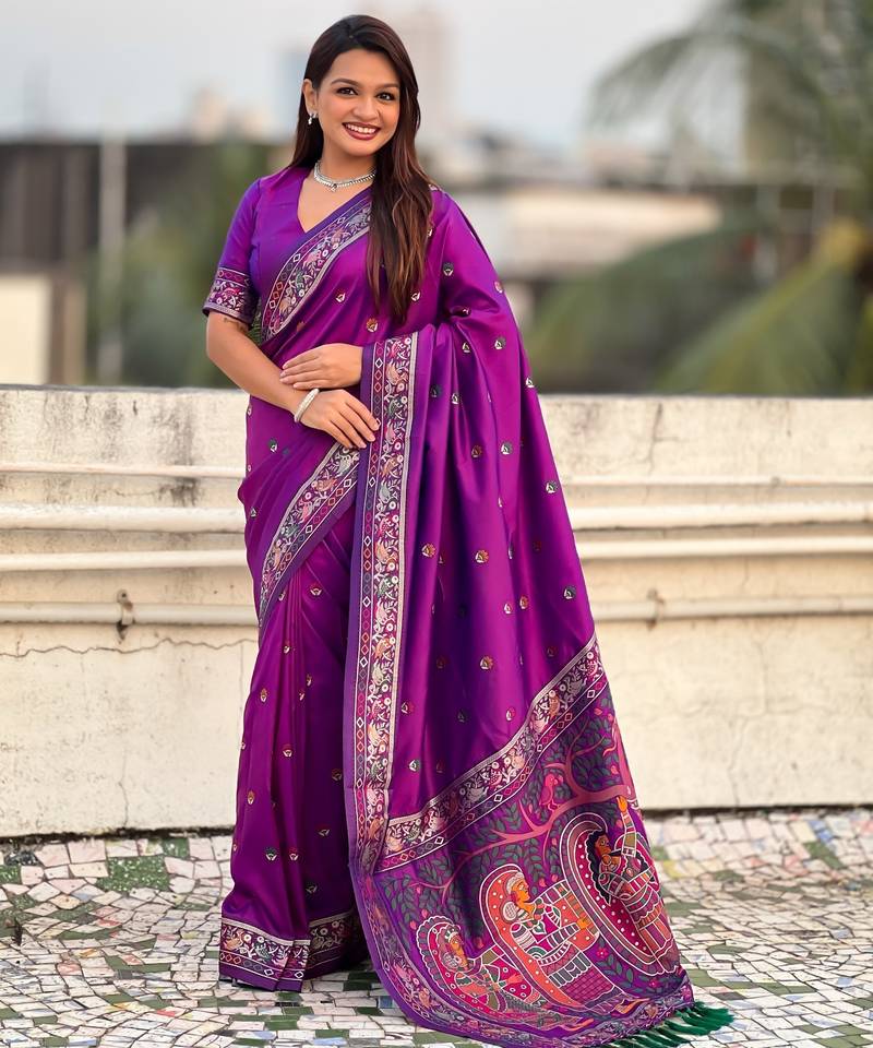 Purple soft silk baluchari zari meena weaving saree with matching blouse piece