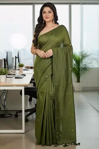 Green fancy cotton handloom saree with blouse piece for women