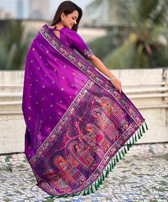 Purple soft silk baluchari zari meena weaving saree with matching blouse piece 2