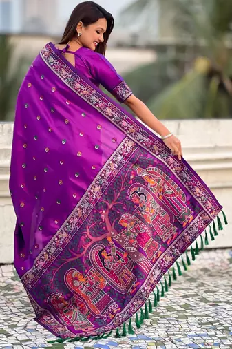 Purple soft silk baluchari zari meena weaving saree with matching blouse piece