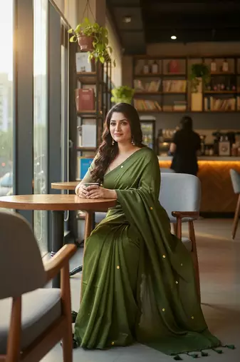 Green fancy cotton handloom saree with blouse piece for women