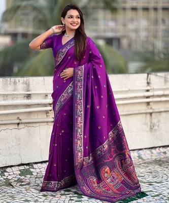 Purple soft silk baluchari zari meena weaving saree with matching blouse piece 3