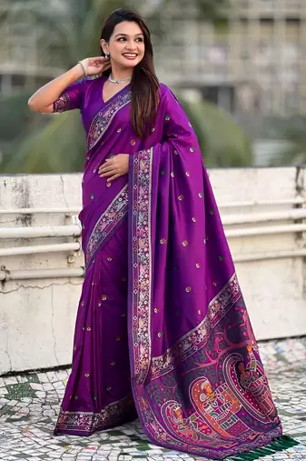 Purple soft silk baluchari zari meena weaving saree with matching blouse piece