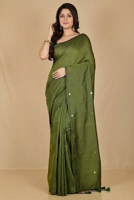 Green fancy cotton handloom saree with blouse piece for women 4