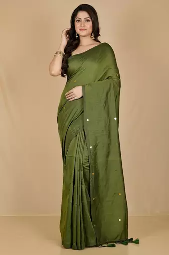 Green fancy cotton handloom saree with blouse piece for women