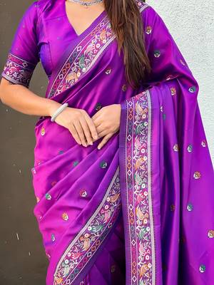 Purple soft silk baluchari zari meena weaving saree with matching blouse piece 4