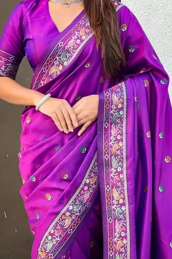 Purple soft silk baluchari zari meena weaving saree with matching blouse piece