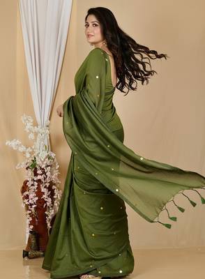 Green fancy cotton handloom saree with blouse piece for women 5