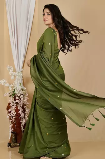 Green fancy cotton handloom saree with blouse piece for women