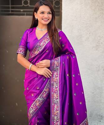 Purple soft silk baluchari zari meena weaving saree with matching blouse piece 5