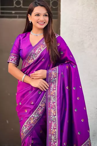 Purple soft silk baluchari zari meena weaving saree with matching blouse piece