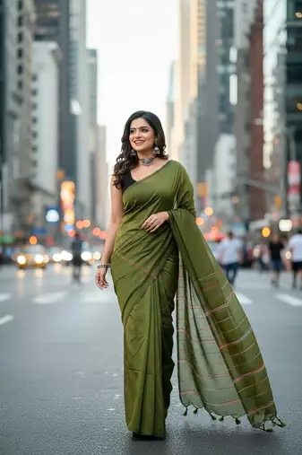 Green fancy cotton handloom saree with blouse piece for women