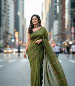 Green fancy cotton handloom saree with blouse piece for women