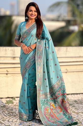 Blue soft silk baluchari zari meena weaving saree with matching blouse piece