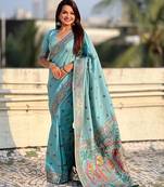 Blue soft silk baluchari zari meena weaving saree with matching blouse piece