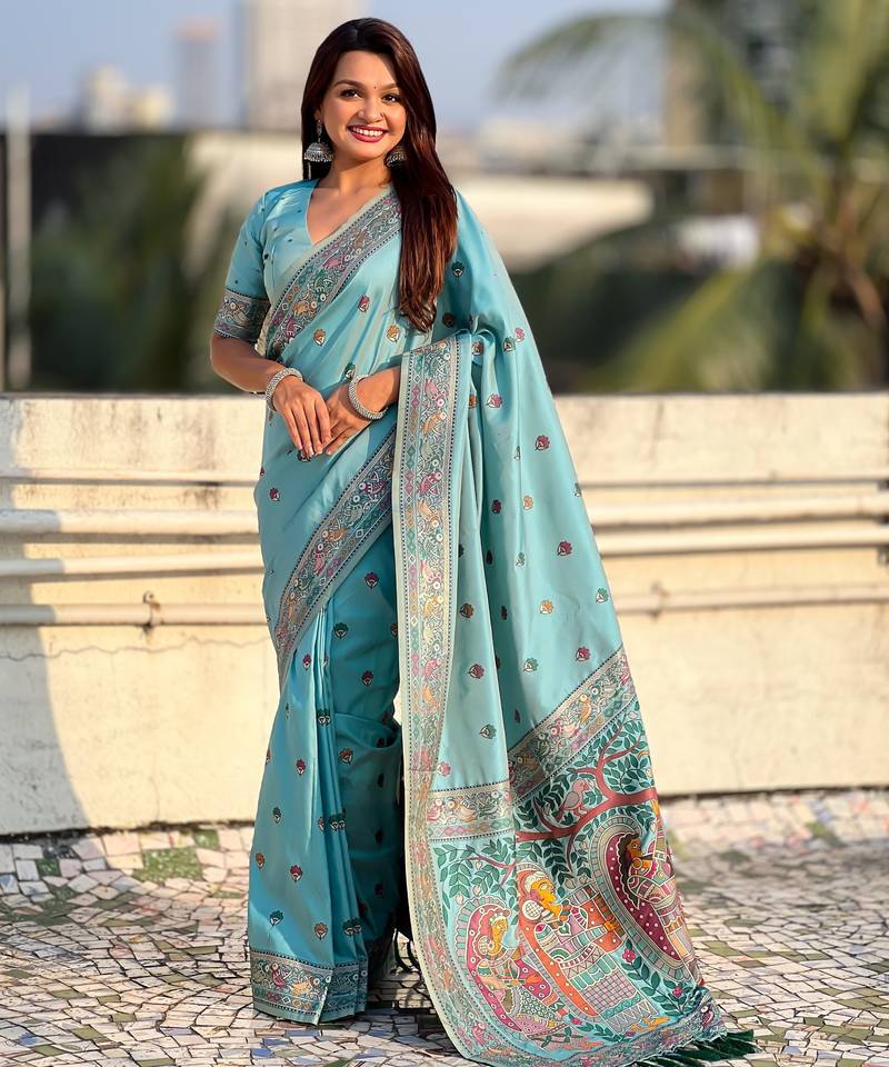 Blue soft silk baluchari zari meena weaving saree with matching blouse piece