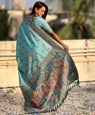 Blue soft silk baluchari zari meena weaving saree with matching blouse piece 2