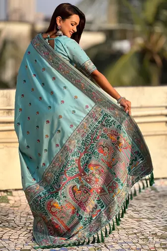 Blue soft silk baluchari zari meena weaving saree with matching blouse piece