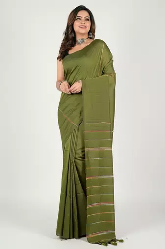 Green fancy cotton handloom saree with blouse piece for women