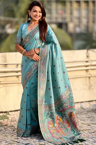 Blue soft silk baluchari zari meena weaving saree with matching blouse piece