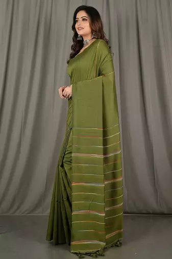 Green fancy cotton handloom saree with blouse piece for women