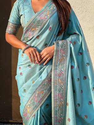 Blue soft silk baluchari zari meena weaving saree with matching blouse piece 4