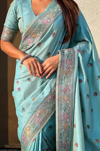 Blue soft silk baluchari zari meena weaving saree with matching blouse piece