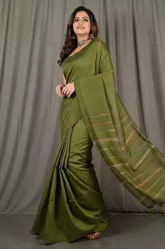 Green fancy cotton handloom saree with blouse piece for women
