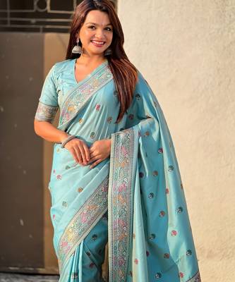 Blue soft silk baluchari zari meena weaving saree with matching blouse piece 5