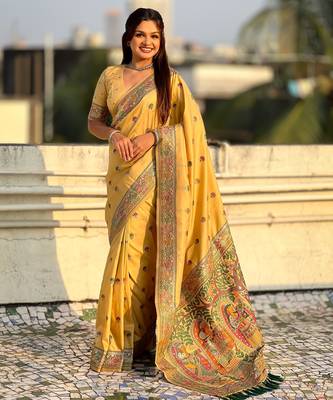 Yellow soft silk baluchari zari meena weaving saree with matching blouse piece 1