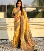 Yellow soft silk baluchari zari meena weaving saree with matching blouse piece