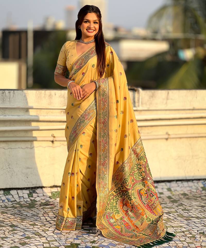 Yellow soft silk baluchari zari meena weaving saree with matching blouse piece