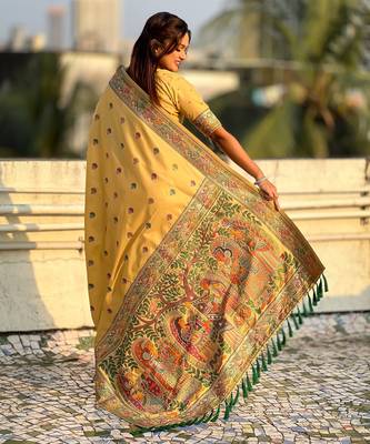 Yellow soft silk baluchari zari meena weaving saree with matching blouse piece 2